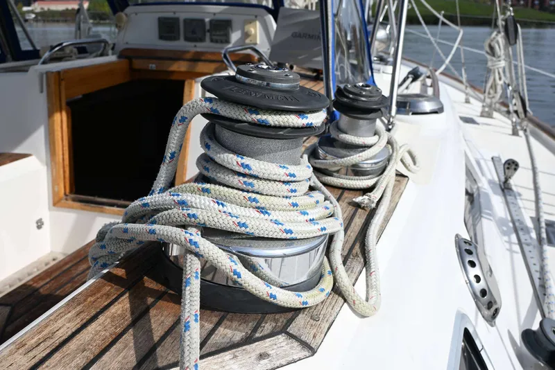 Slide: The Image of Close-up of winches and ropes on a 1989 Ta Shing Yachts Taswell 43 sailboat deck. - 24