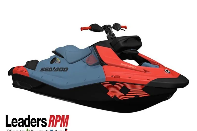 The Image of 2027 Sea-Doo Spark X Trixx jet ski in vibrant red and blue design. - 8