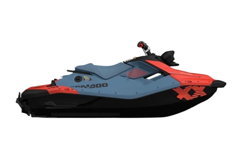 Slide: The Image of 2027 Sea-Doo Spark X Trixx jet ski, red and blue design, side view. - 8