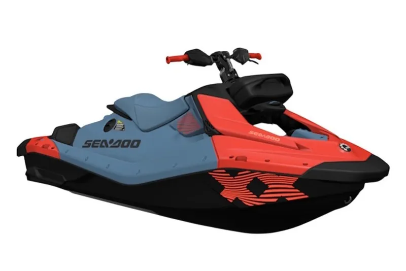 Slide: The Image of 2027 Sea-Doo Spark X Trixx jet ski, vibrant red and blue design. - 9