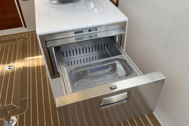 Slide: The Image of Stainless steel drawer refrigerator on 2023 Fortier 33 boat interior. - 38