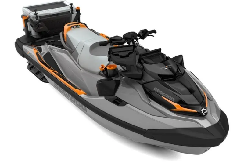 Slide: The Image of 2026 Sea-Doo FishPro Trophy 170, gray and orange, with fishing equipment. - 2