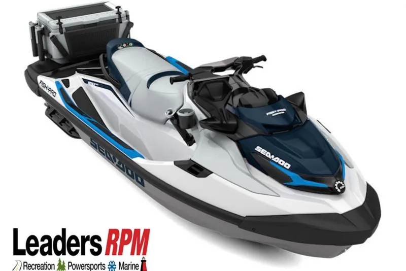 The Image of 2027 Sea-Doo FishPro Sport 170 jet ski, white and blue, with fishing equipment. - 0