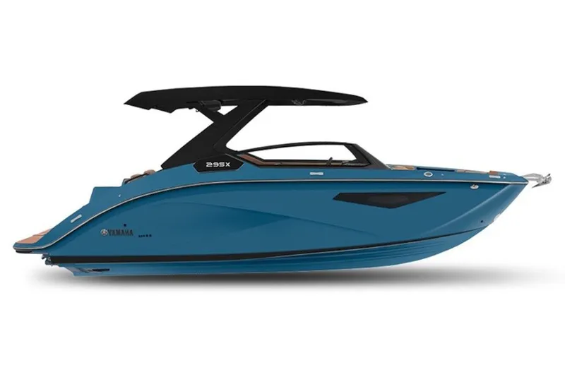 The Image of 2027 Yamaha Boats 295XD, sleek blue design, side view. - 1