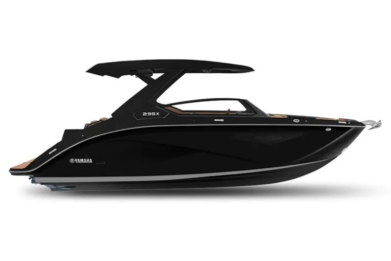 Slide: The Image of 2027 Yamaha Boats 295XD, sleek black design, side view. - 3