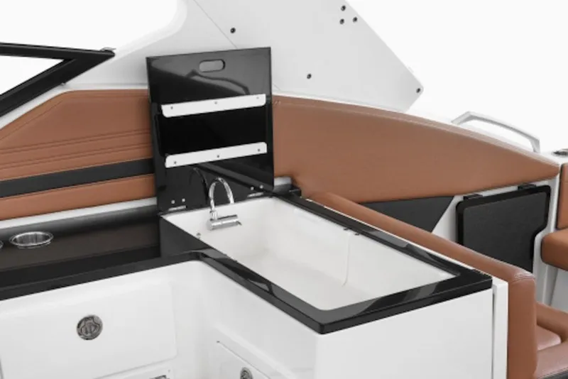 Slide: The Image of Interior view of 2027 Yamaha Boats 295XD featuring a sleek sink and modern design. - 8