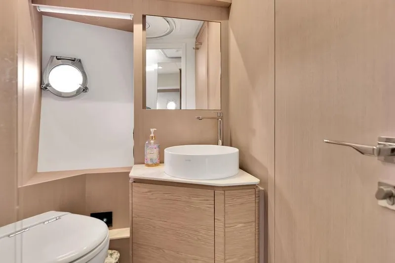 Slide: The Image of Luxurious bathroom in 2021 Ferretti Yachts 500, featuring modern fixtures and elegant design. - 78