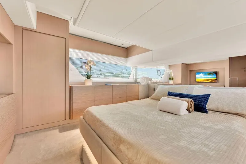 Slide: The Image of Luxurious bedroom interior of 2021 Ferretti Yachts 500, featuring elegant design and modern amenities. - 62