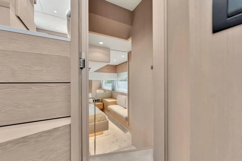 Slide: The Image of Interior view of 2021 Ferretti Yachts 500, showcasing modern cabin design. - 59