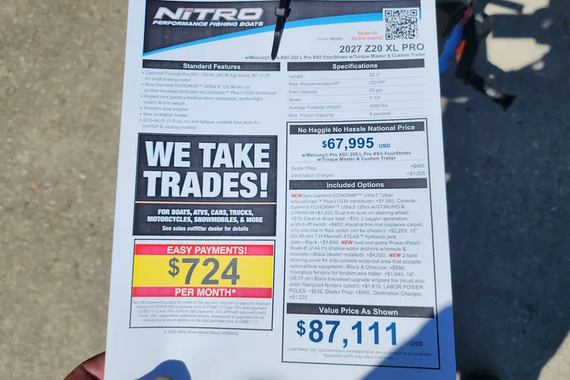 Slide: The Image of 2027 Nitro Z20 XL Pro fishing boat brochure with pricing and trade-in options. - 11