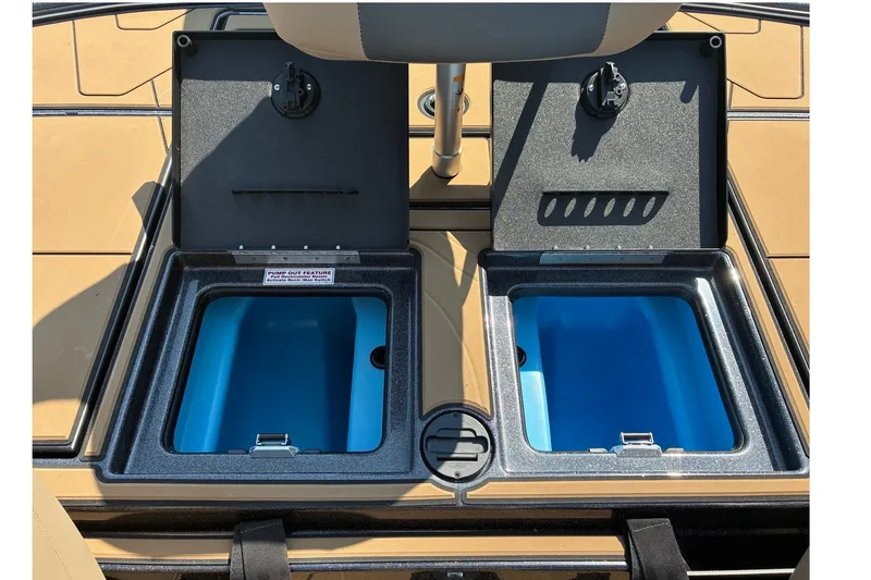 Slide: The Image of Livewell compartments on a 2027 Nitro Z20 XL Pro boat, featuring dual lids and pump-out feature. - 17