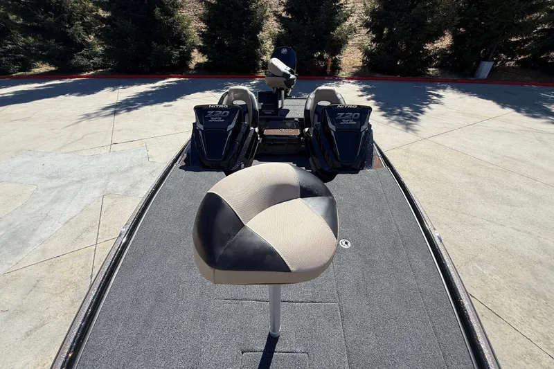 Slide: The Image of 2027 Nitro Z20 XL Pro boat with dual engines and cushioned seat on deck. - 13