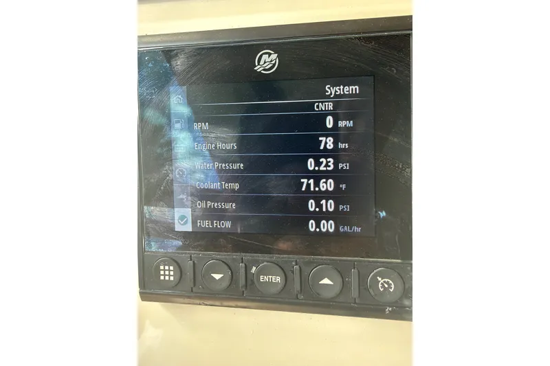 Slide: The Image of 2024 Scout 240 XSF dashboard displaying engine metrics: RPM, hours, pressure, temperature, and fuel flow. - 25