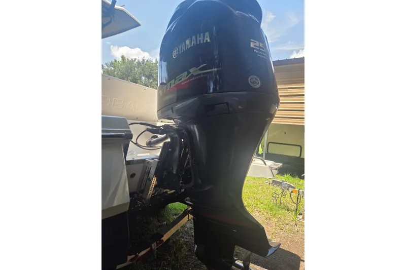 Slide: The Image of 2019 Robalo 226 Cayman with Yamaha outboard motor in a sunny outdoor setting. - 16