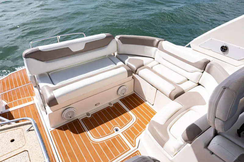 Slide: The Image of Luxurious seating on 2008 Monterey 400 Sport Yacht, featuring elegant design and teak flooring. - 20