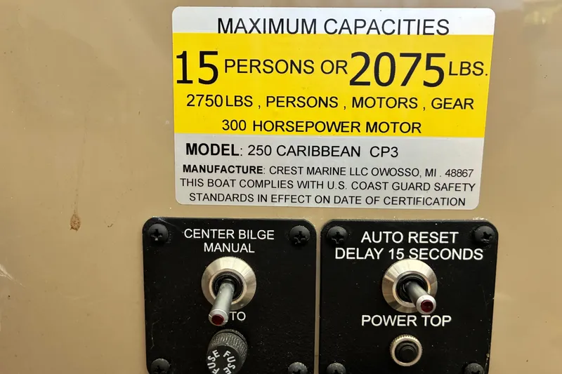 Slide: The Image of 2023 Crest Caribbean LX 250 capacity label, 15 persons or 2075 lbs, 300 HP motor. - 58