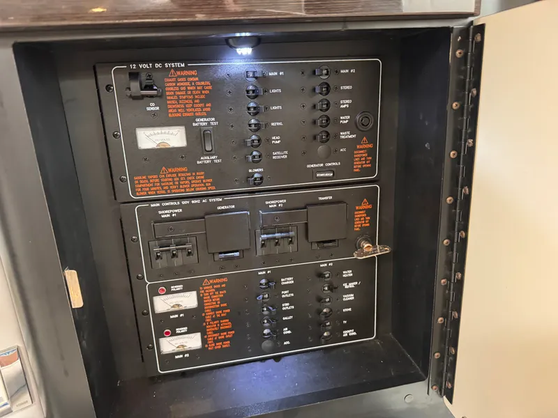 Slide: The Image of Electrical control panel inside a boat with various switches and indicators. - 24