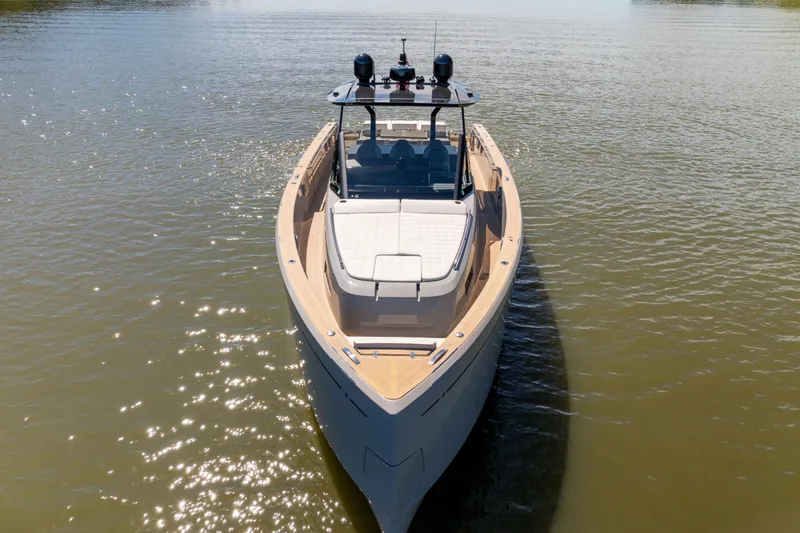 Slide: The Image of 2023 Pardo Yachts 43 cruising on calm waters, showcasing sleek design and luxury. - 19