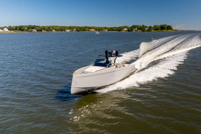 Slide: The Image of 2023 Pardo Yachts 43 cruising on a sunny day, leaving a wake behind. - 4