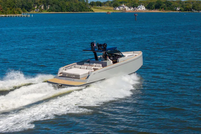 Slide: The Image of 2023 Pardo Yachts 43 cruising on a scenic blue waterway. - 1