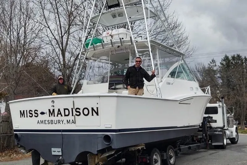 Slide: The Image of 2003 Cabo 35 Express boat "Miss Madison" on trailer, Amesbury, MA. - 8