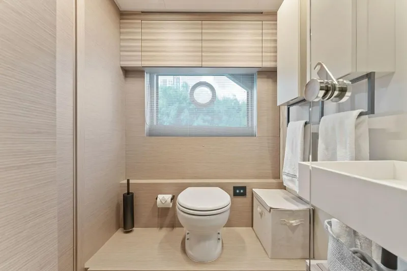 Slide: The Image of Modern bathroom interior on 2020 Ferretti Yachts 670, featuring sleek design and amenities. - 53