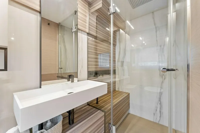 Slide: The Image of Luxurious bathroom interior on 2020 Ferretti Yachts 670, featuring modern design and elegant finishes. - 52