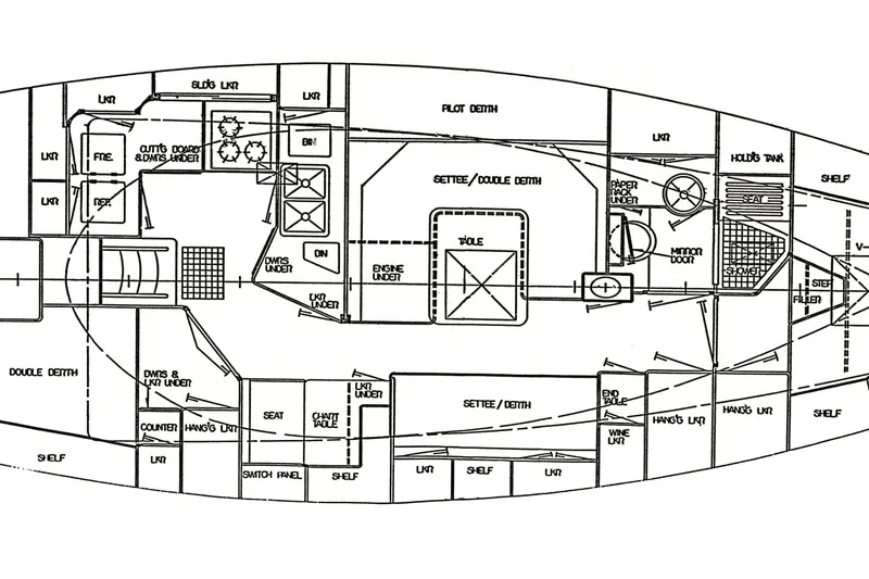 Slide: The Image of Blueprint of 1988 Passport 41 yacht interior layout with labeled sections and compartments. - 11