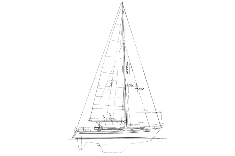 Slide: The Image of Blueprint of a 1988 Passport 41 sailboat, detailed side view with mast and sails. - 12