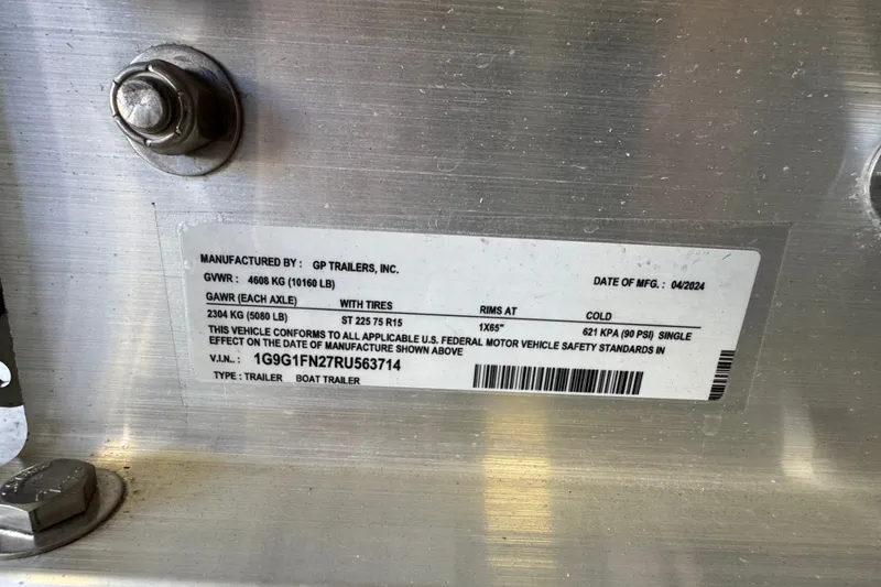 Slide: The Image of Label on GP Trailers boat trailer, showing specifications and manufacturing details. - 37