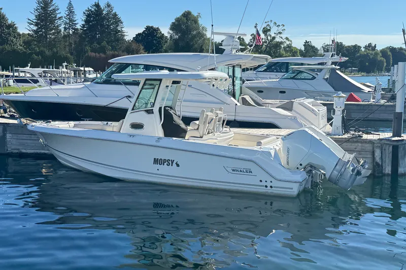 Slide: The Image of 2021 Boston Whaler 250 Outrage boat docked in a marina. - 2
