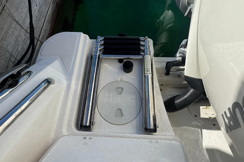 Slide: The Image of 2021 Boston Whaler 250 Outrage swim platform with ladder and engine detail. - 13