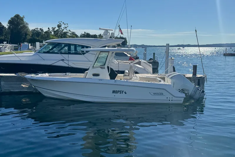 Slide: The Image of 2021 Boston Whaler 250 Outrage boat docked on a sunny day. - 1