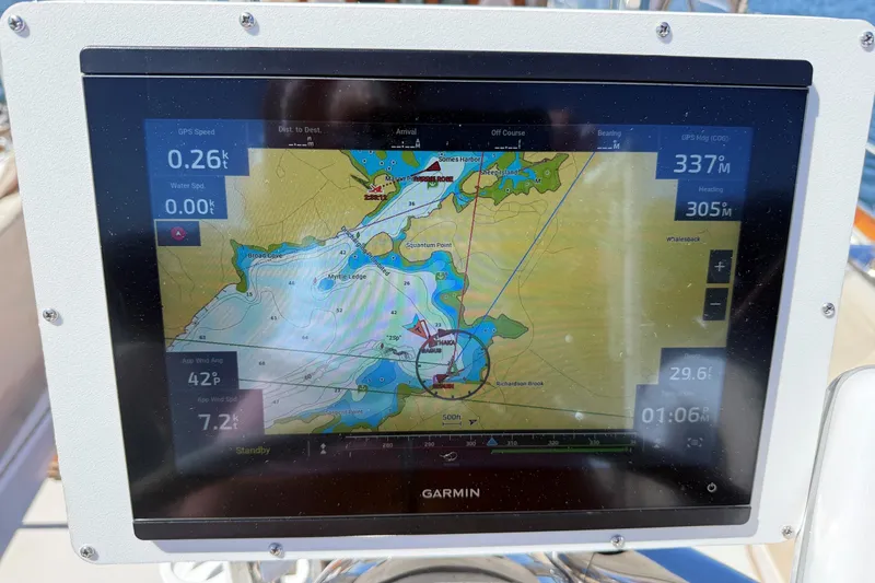 Slide: The Image of Garmin navigation display on 1984 Hinckley Sou'wester 42 sailboat, showing nautical chart and data. - 26