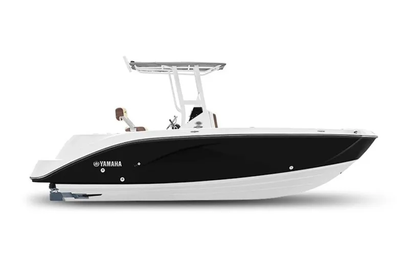 The Image of 2027 Yamaha Boats 222 FSH Sport, sleek black and white design, side view. - 1