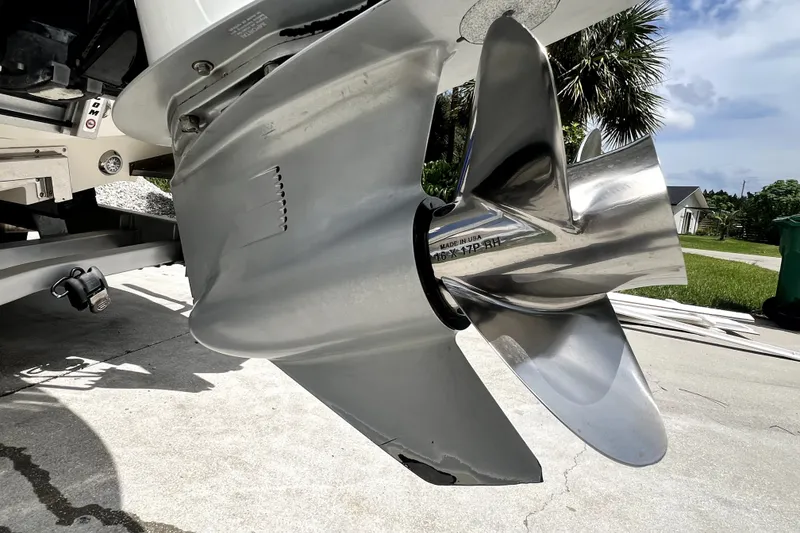 Slide: The Image of Close-up of a 2020 Caymas 26 HB boat propeller on a sunny day. - 15
