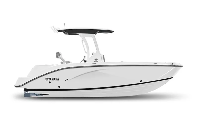 Slide: The Image of 2027 Yamaha Boats 222 FSH Sport E, sleek white design, side view. - 5