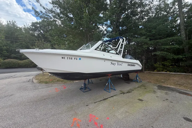 The Image of 2012 Everglades 230 Dual Console boat on stands, surrounded by trees. - 1