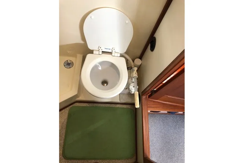 Slide: The Image of Toilet area in 2001 Nordic Tug 32 boat with green mat and wooden door. - 61