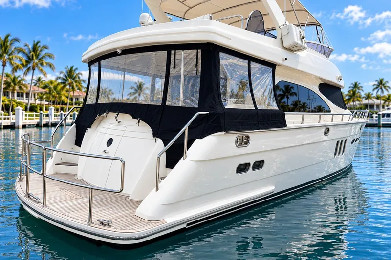 Slide: The Image of 2003 Horizon 62 Motor Yacht docked in sunny marina with palm trees. - 1