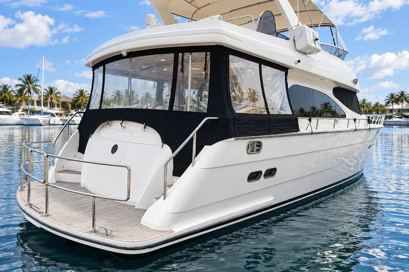 Slide: The Image of 2003 Horizon 62 Motor Yacht docked in a serene marina setting. - 74