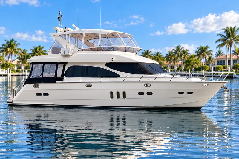 Slide: The Image of 2003 Horizon 62 Motor Yacht on calm water, with palm trees and blue sky background. - 75
