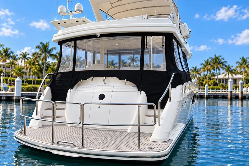 Slide: The Image of 2003 Horizon 62 Motor Yacht docked, featuring sleek design and spacious deck area. - 3