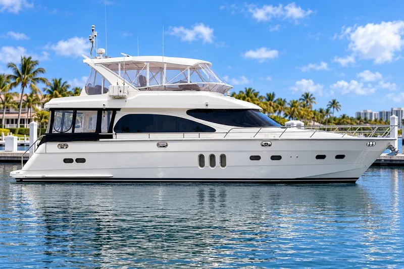 The Image of 2003 Horizon 62 Motor Yacht docked in a sunny marina with palm trees. - 0