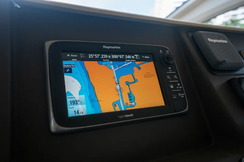 Slide: The Image of Raymarine navigation display on 2014 Azimut 48 yacht, showing detailed marine chart. - 22