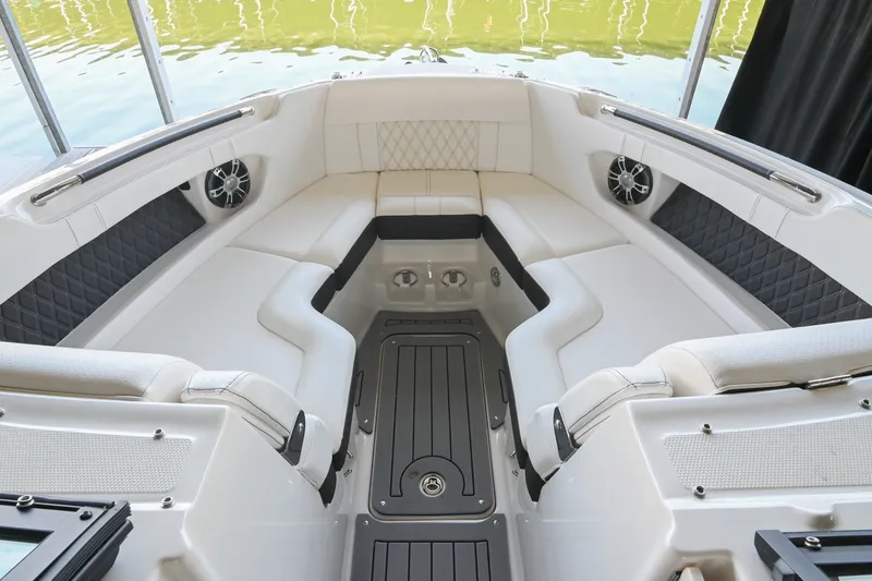 Slide: The Image of Interior of 2019 Sea Ray SLX 280 boat with luxurious seating and modern design. - 30