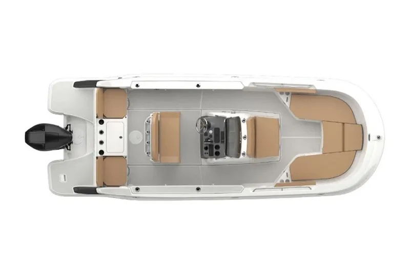 Slide: The Image of Top view of 2027 Bayliner Trophy T22CC boat with tan seating and outboard motor. - 3