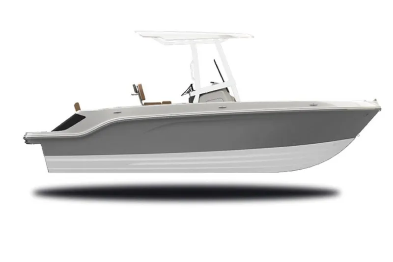 The Image of 2027 Bayliner Trophy T22CC boat, side view, featuring sleek gray and white design. - 2