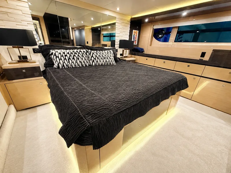 Slide: The Image of Luxurious cabin with a large bed, sleek wooden furniture, and ambient lighting. - 27