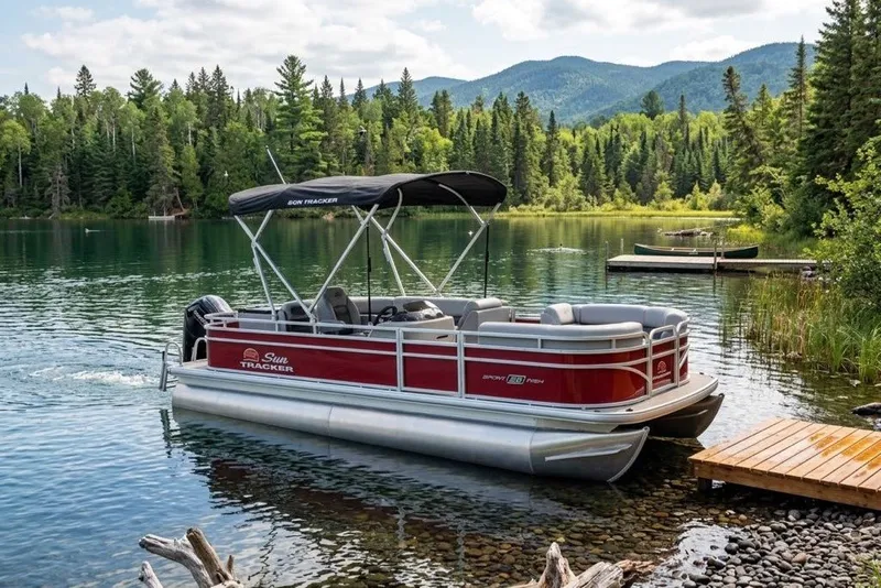 The Image of 2027 Sun Tracker SportFish 22 DLX pontoon boat on a scenic lake with forested mountains. - 0